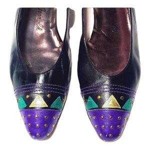 MARGARET JERROLD MARDI GRAS Vintage 1980s black pumps Red Green Gold Studs SZ 9